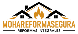 Logotipo de Mohareformasegura con techo naranja e icono de llama, texto negro y naranja &ldquo;Reformas Integrales&rdquo;