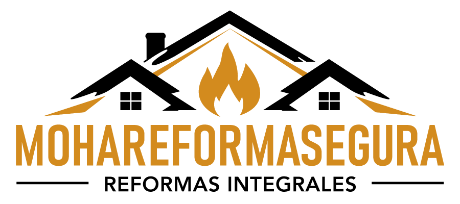 Logotipo de Mohareformasegura con techo naranja e icono de llama, texto negro y naranja &ldquo;Reformas Integrales&rdquo;