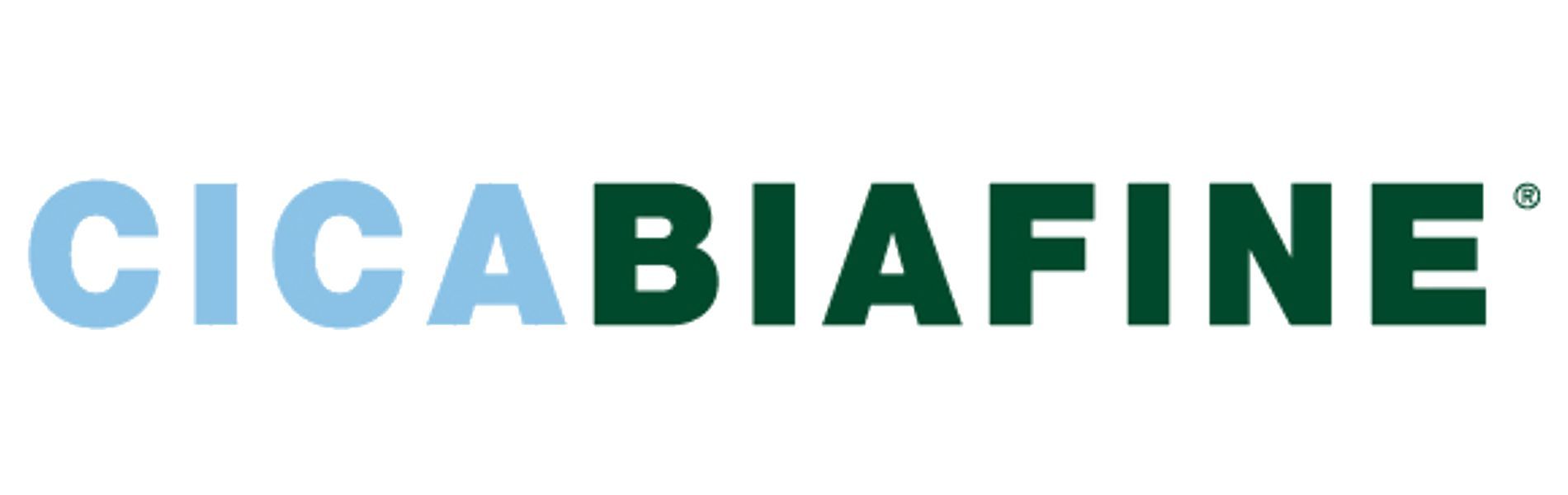 Logo CICA BIAFINE, texte bleu clair et vert foncé. Le mot est divisé en deux parties, avec un symbole de marque déposée.