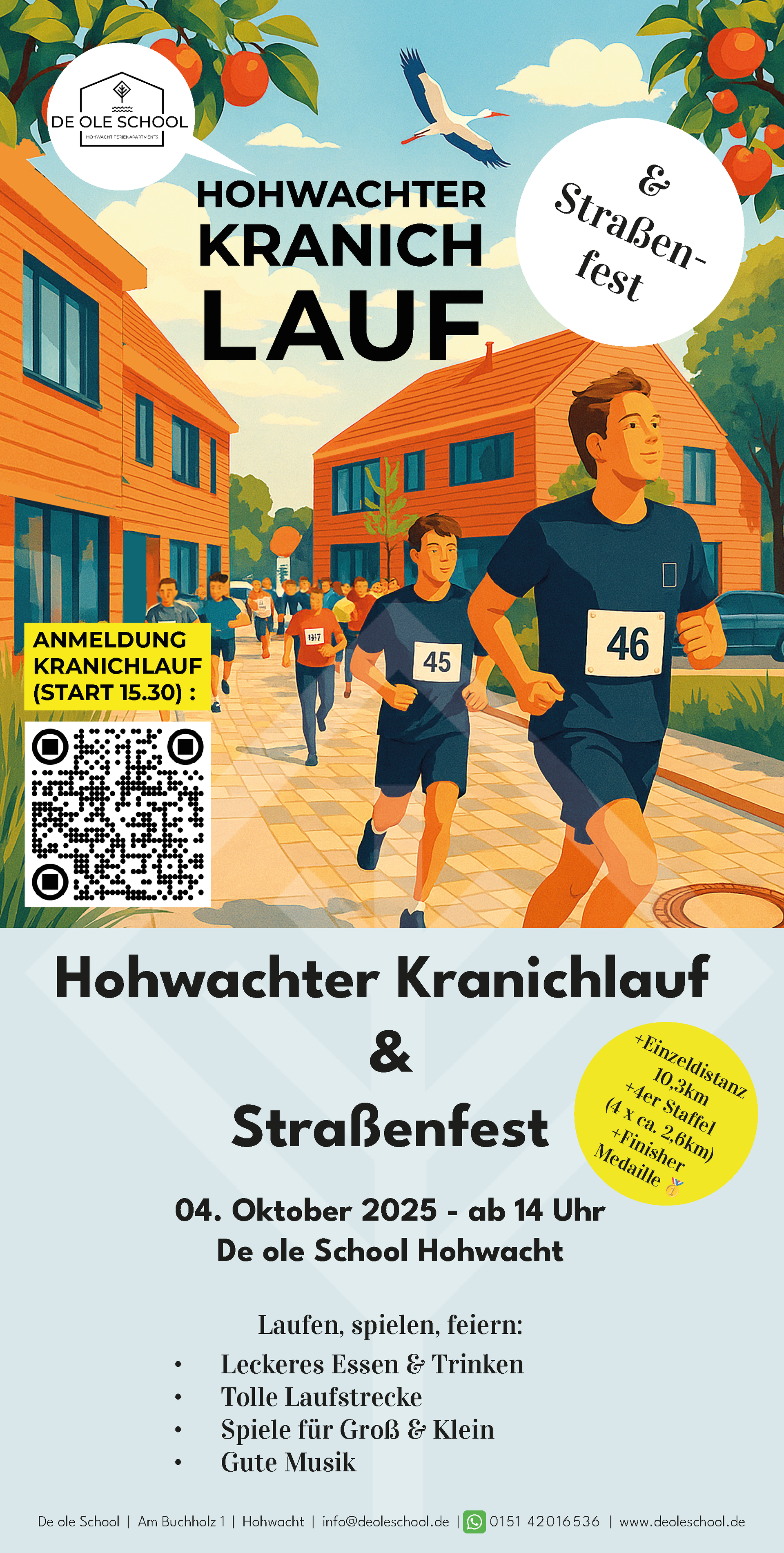 Ein Plakat für einen Kranichlauf mit einem QR-Code