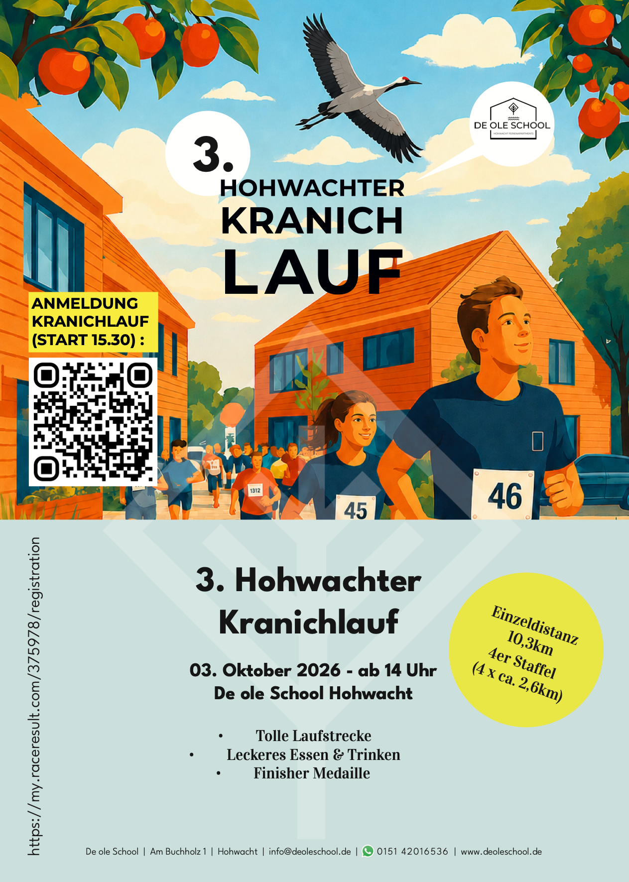 Ein Plakat für einen Kranichlauf mit einem QR-Code