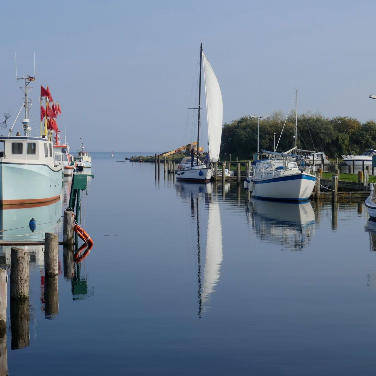 A sailboat with a white sail is docked in a harbor