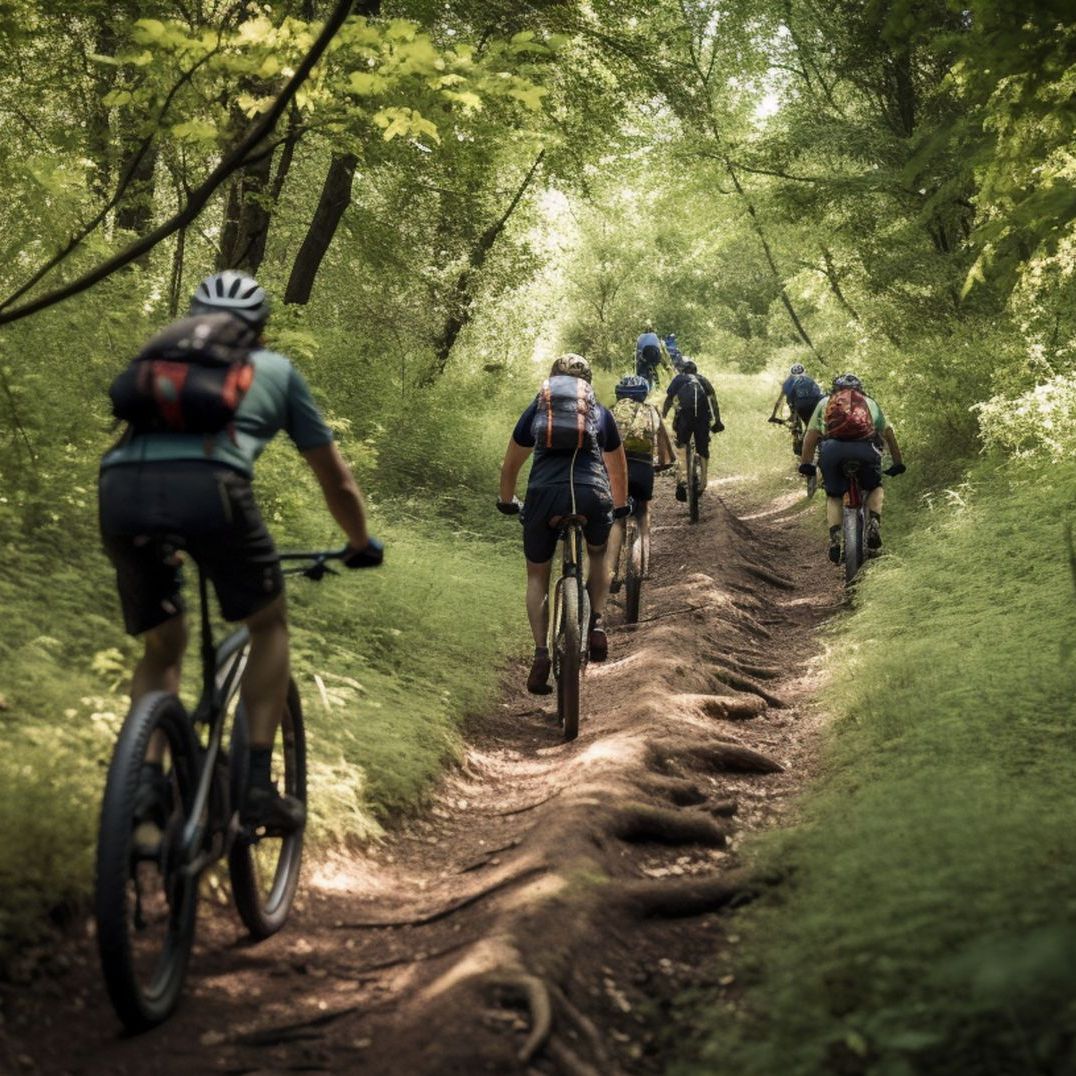 A group of people are riding bikes down a trail in the woods.
