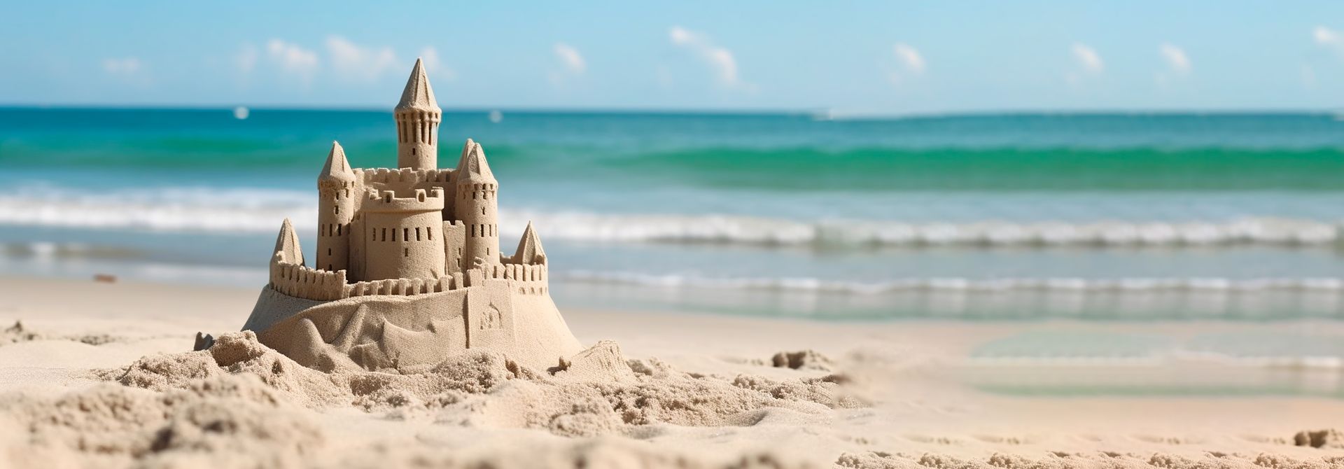 Eine gebaute Sandburg am Strand.