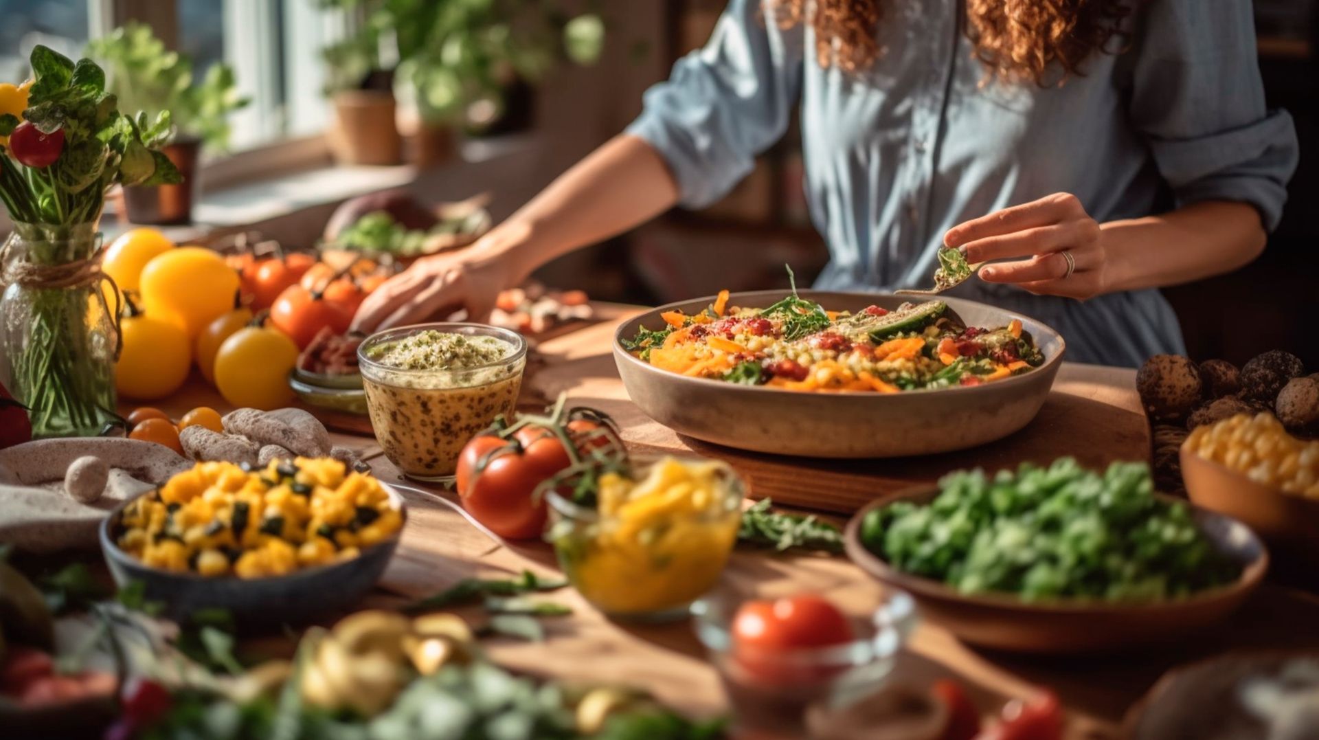 Eine Frau bereitet an einem mit Gemüse gefüllten Tisch eine Mahlzeit zu.
