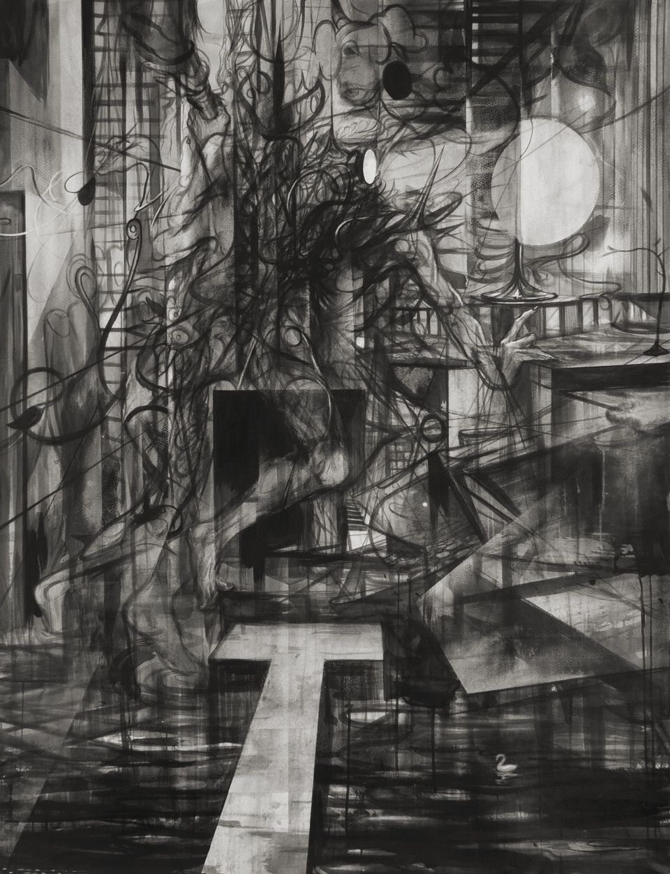 Ein Schwarzweißgemälde eines Raumes mit Treppen und einem Baum.