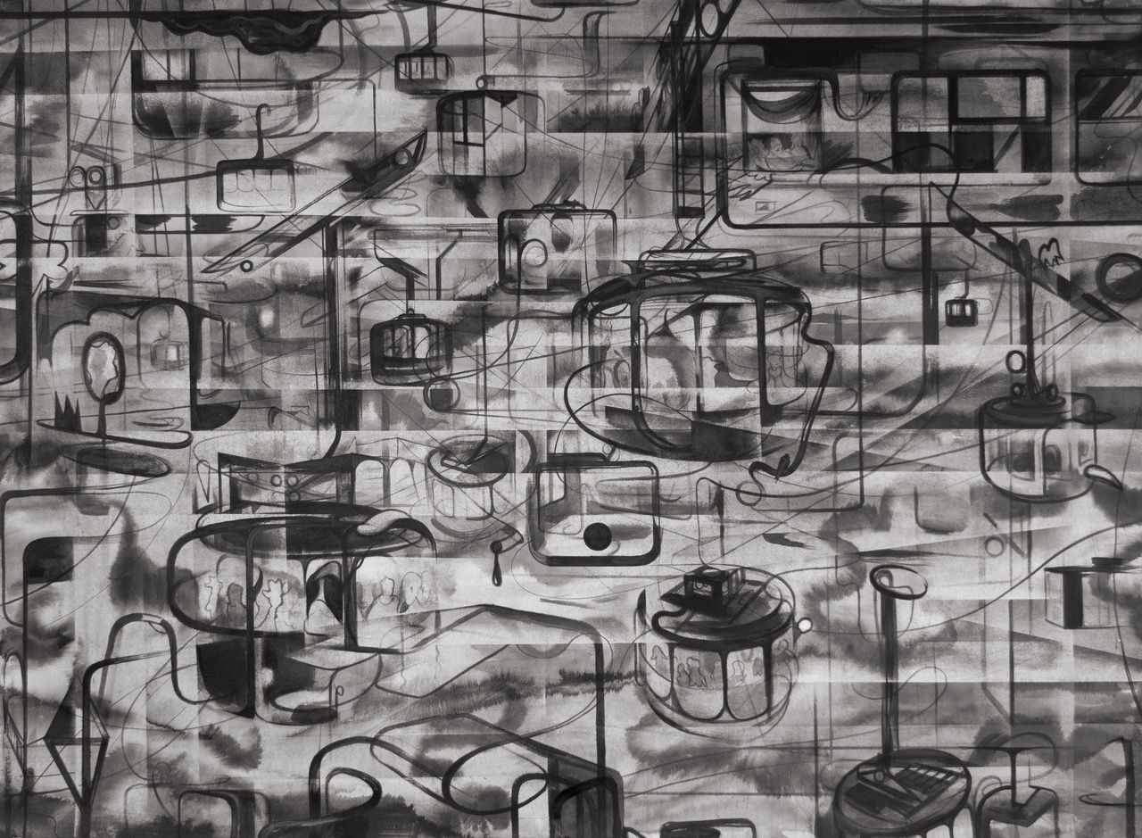 Eine Schwarzweißzeichnung eines Raumes mit Tischen und Stühlen.