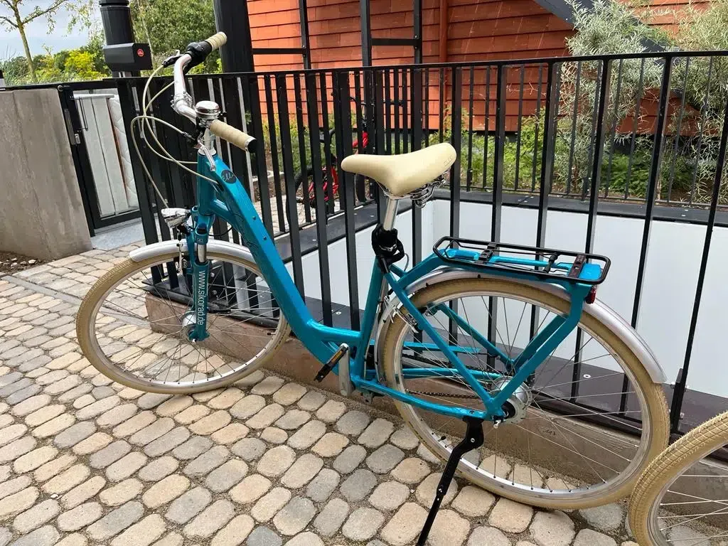 Ein blaues Fahrrad steht auf einem gepflasterten Gehweg neben einem Geländer.