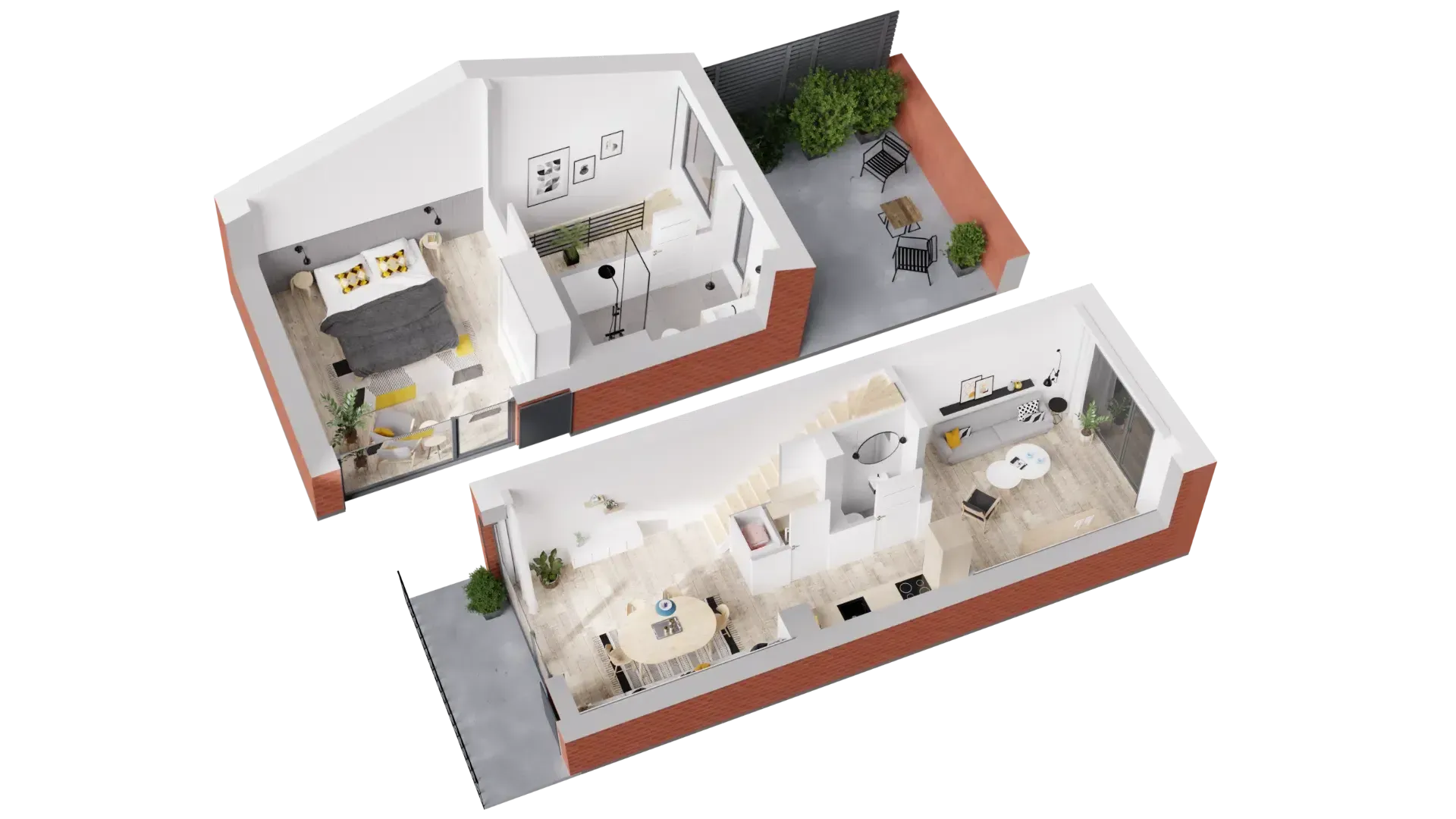 Ein 3D-Grundriss eines Hauses mit Balkon.