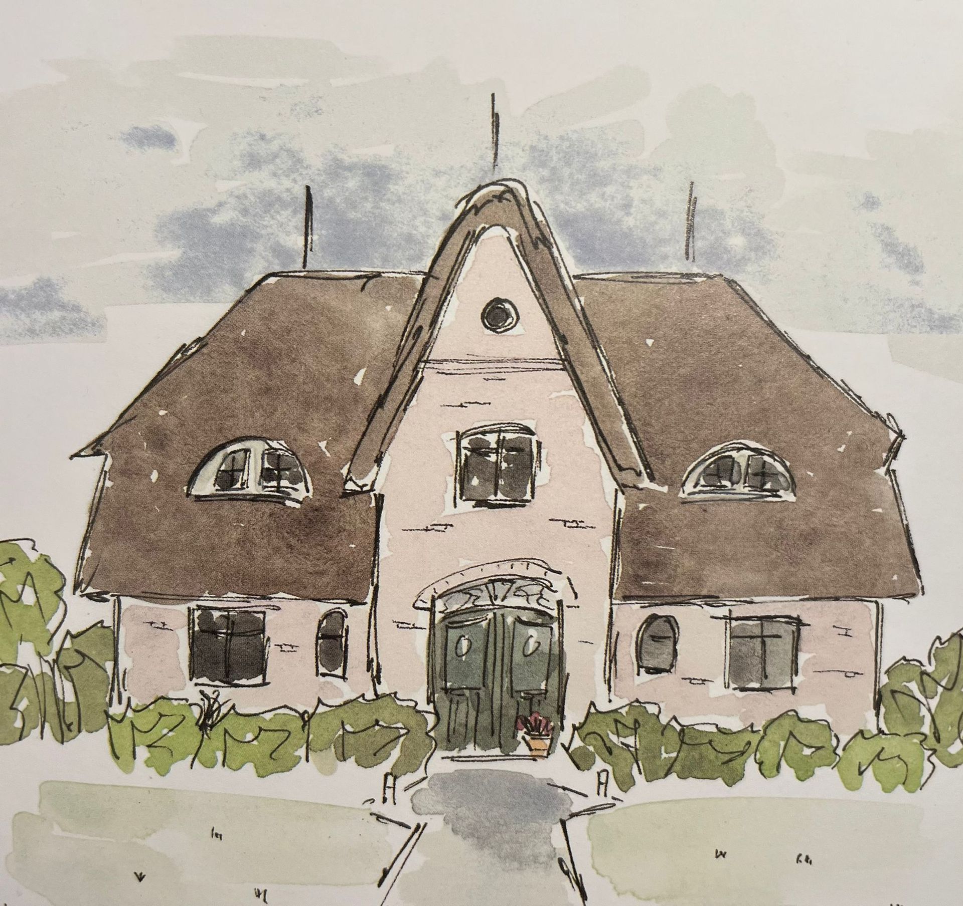 Eine Zeichnung eines Hauses mit einem braunen Dach