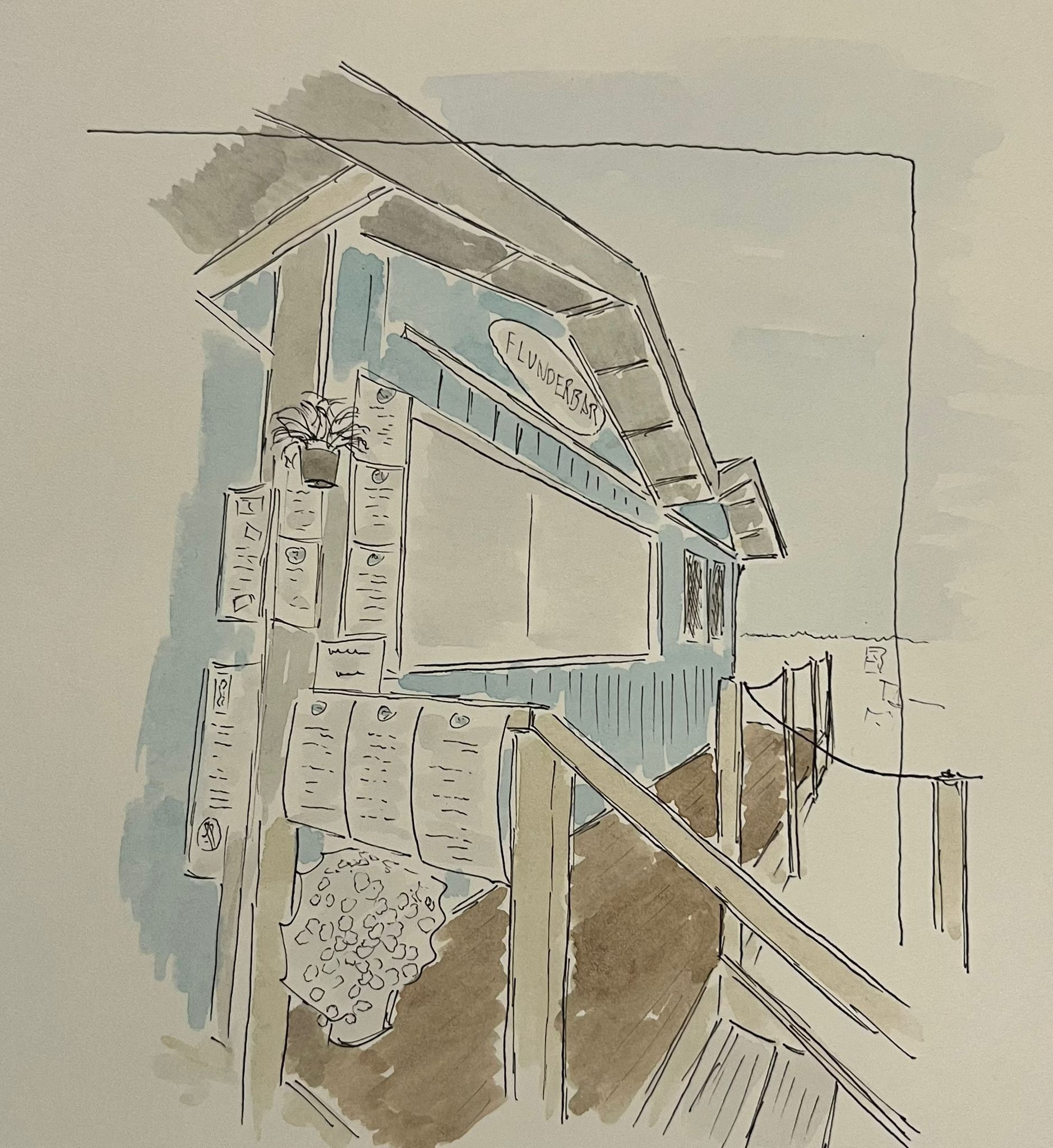 Eine Zeichnung eines Gebäudes mit einer Treppe, die hinaufführt