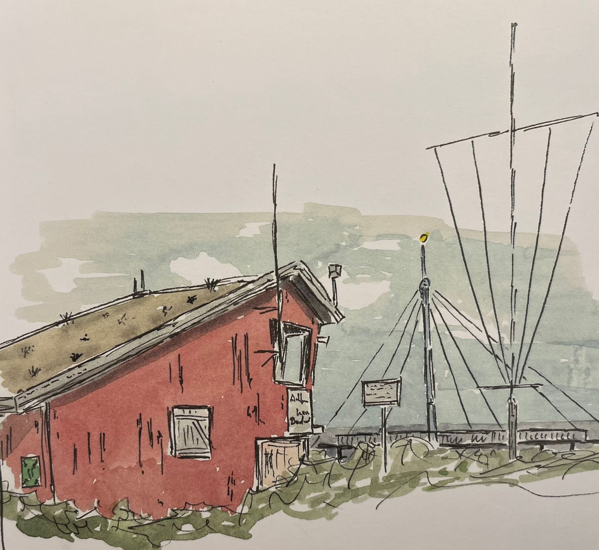 Eine Zeichnung eines roten Gebäudes.