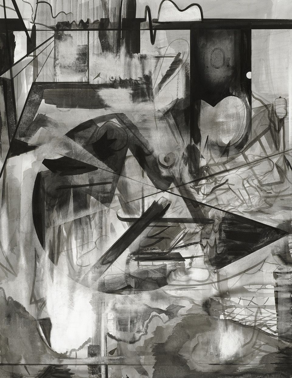 Ein Schwarz-Weiß-Gemälde eines Raumes mit vielen Gegenständen darin