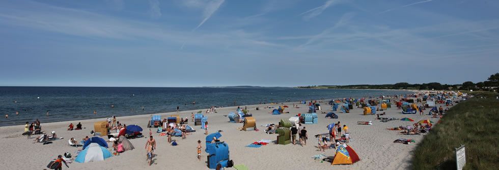 Viele Menschen mit Strandmuscheln liegen an einem sonnigen Tag am Strand der Hohwachter Bucht.