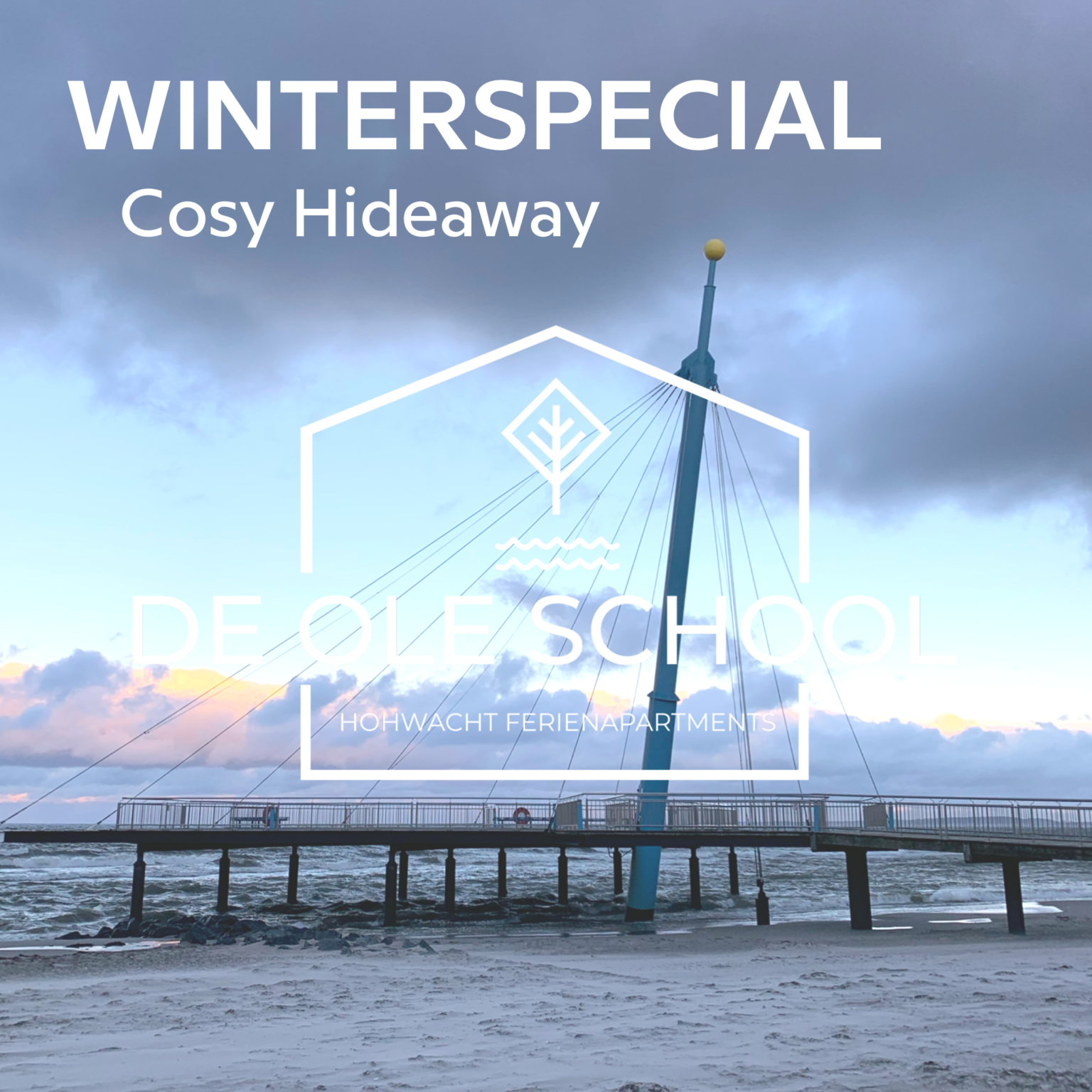 Ein Bild von einem Pier mit den Worten Winter Special Cozy Hideaway