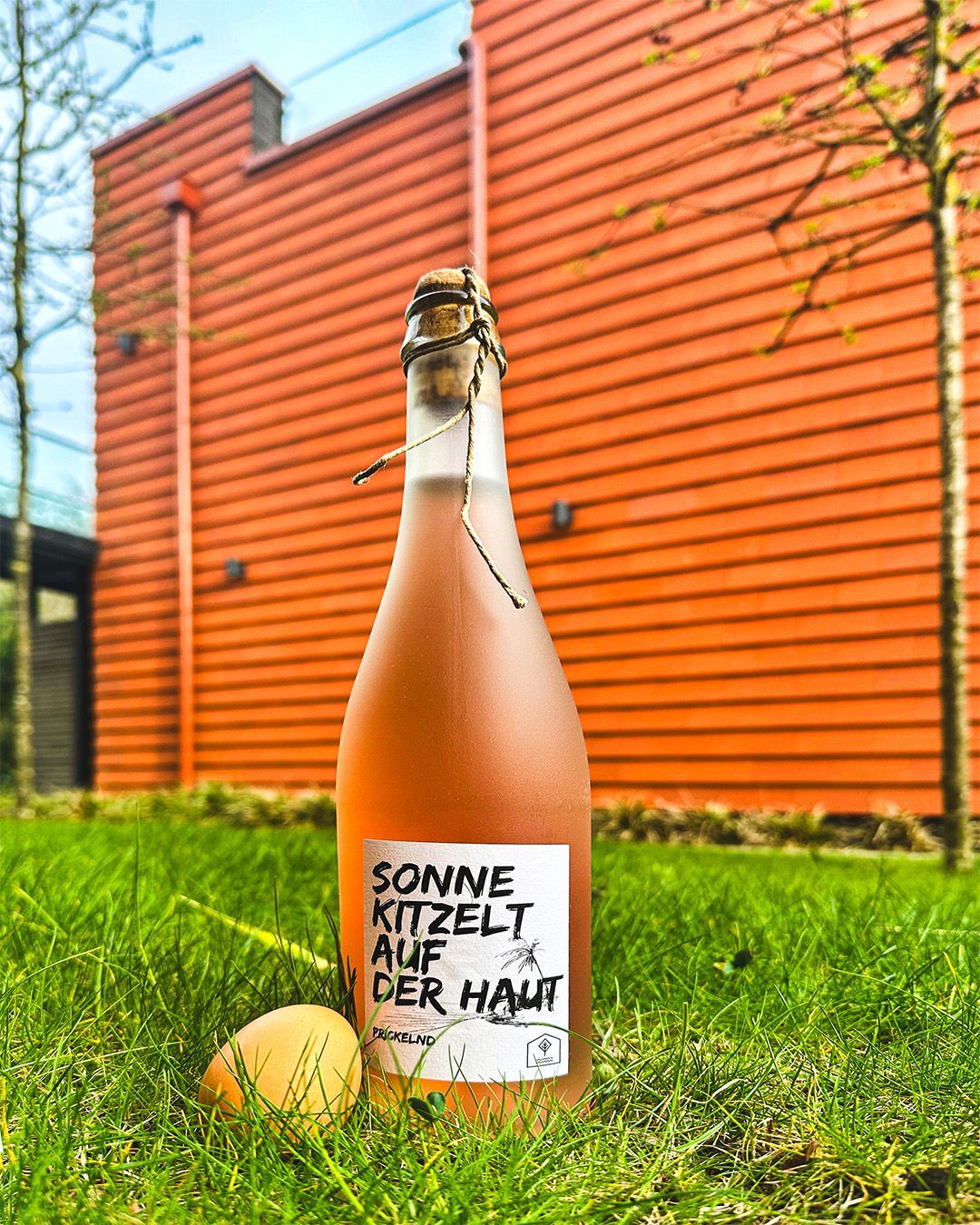 Eine Flasche Wein steht im Gras vor einem Gebäude.