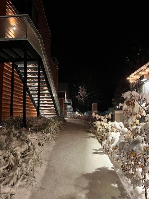 Ein verschneiter Weg, der nachts zu einem Gebäude führt.