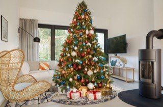 Ein Wohnzimmer mit einem Weihnachtsbaum und einem Kamin.