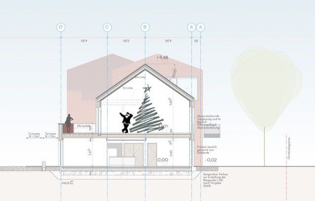 Eine Zeichnung eines Hauses mit einem Weihnachtsbaum in der ersten Etage