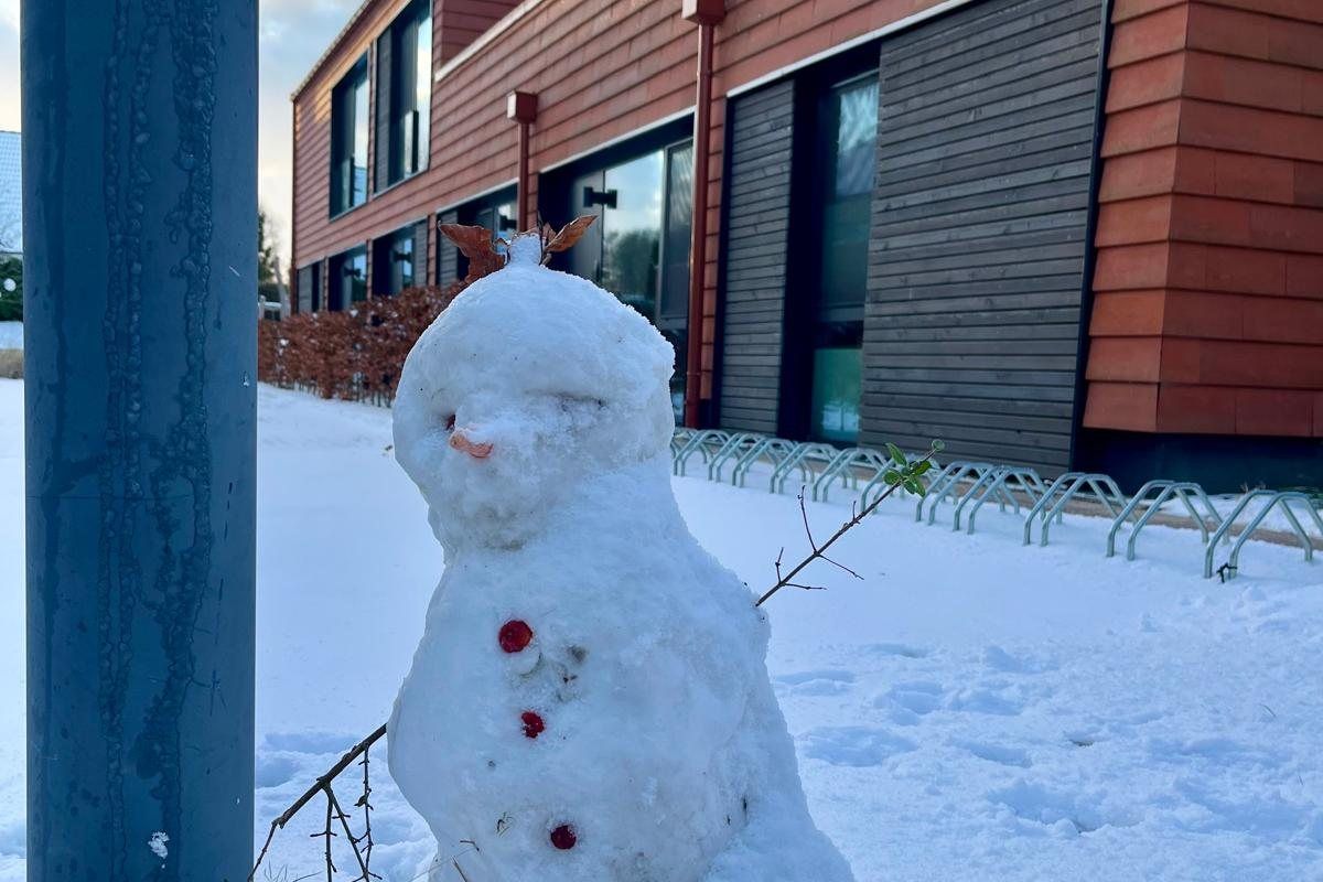 Schneemann vor den Ziegelhäusern von De ole School in Hohwacht