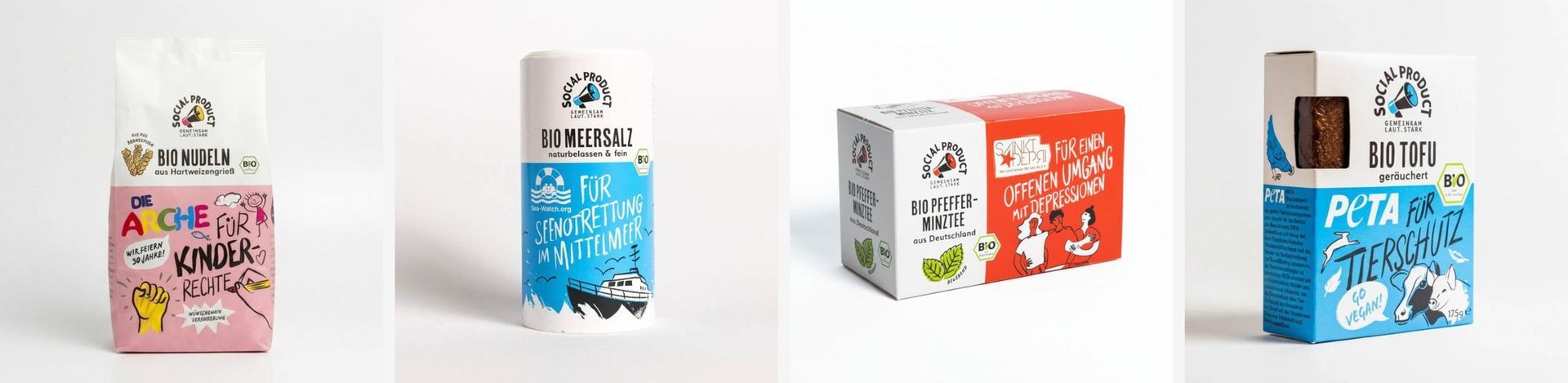 Bio-Produkte von social product im School Kiosk: Nudeln, Meersalz, Pfefferminztee und Tofu