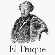 Retrato en blanco y negro de un hombre con ropa ornamentada ribeteada de piel, con el texto &ldquo;El Duque&rdquo; debajo.