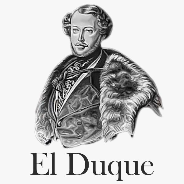 Retrato en blanco y negro de un hombre con ropa ornamentada ribeteada de piel, con el texto “El Duque” debajo.