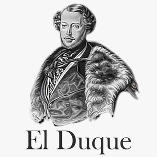 Retrato en blanco y negro de un hombre con ropa ornamentada ribeteada de piel, con el texto &ldquo;El Duque&rdquo; debajo.