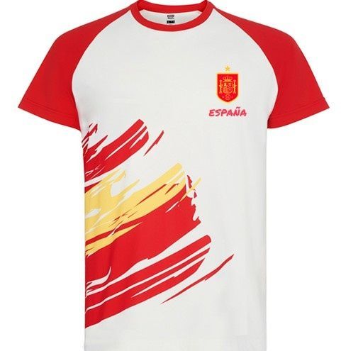 Camiseta de fútbol de España, blanca con mangas rojas y diseño de pinceladas rojas y amarillas, escudo de España y texto