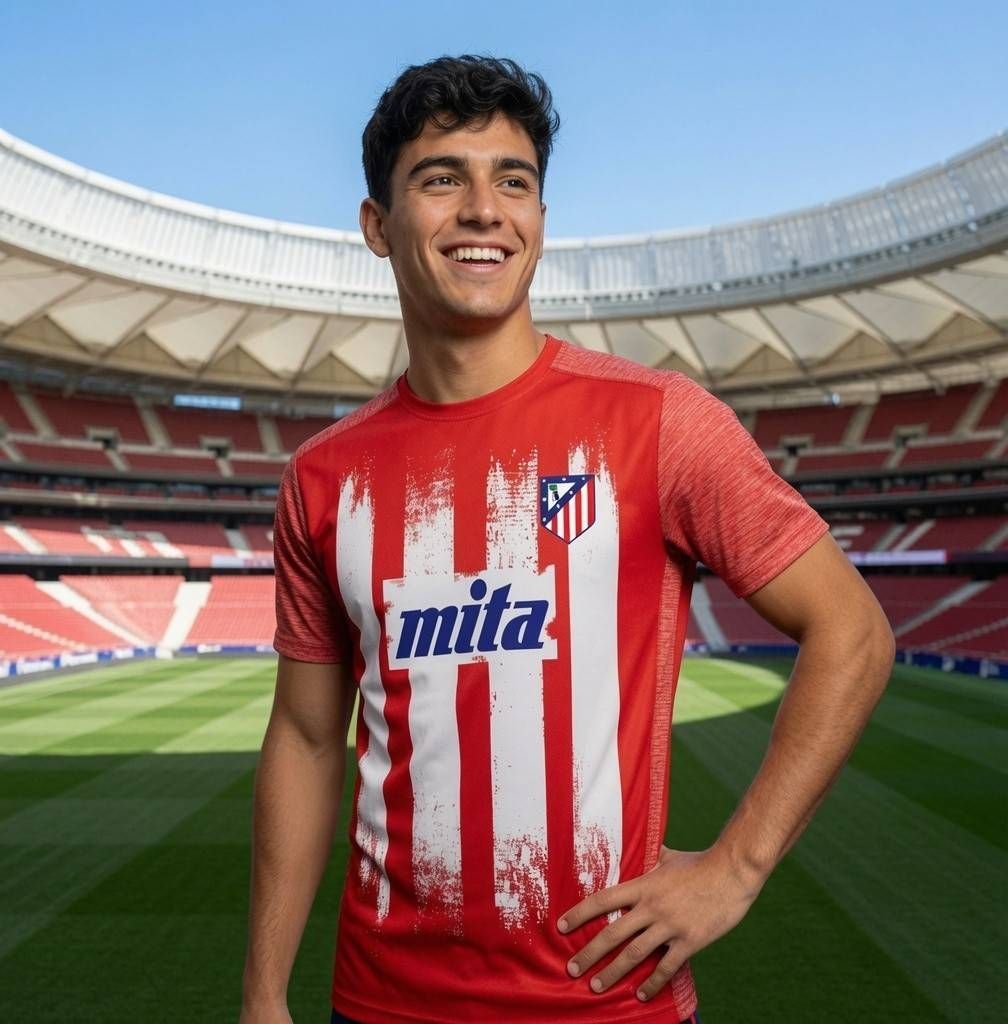 Jugador de fútbol con camiseta de rayas rojas y blancas de pie en un estadio sonriendo.