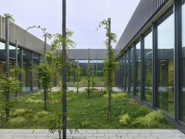 Ein Gebäude mit vielen Fenstern und Bäumen in der Mitte.