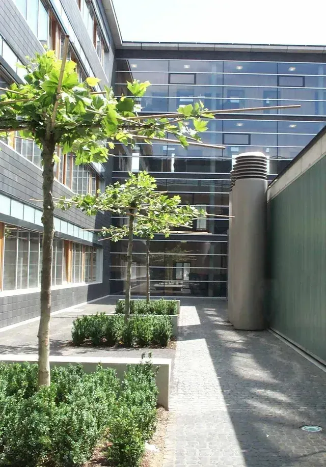 Ein Hof mit Bäumen und Sträuchern vor der Physikalischen Institute der Universität Heidelberg im Neuenheimer Feld