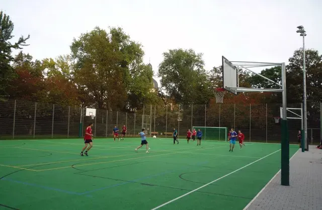 Eine Gruppe von Leuten spielt Basketball auf einem grünen Platz.