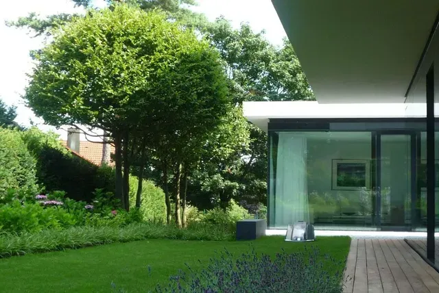 Ein Haus mit vielen Fenstern und einem üppigen grünen Rasen vom Hausgarten in Erlangen