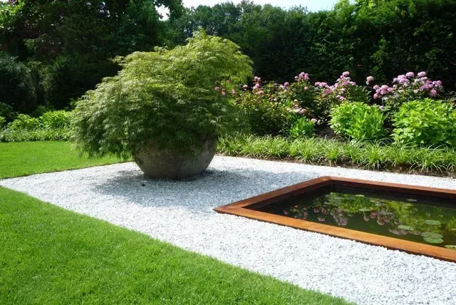 Eine Topfpflanze steht neben einem Teich in einem Garten im Hausgarten in Erlangen