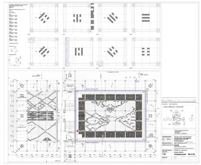 Eine Schwarzweißzeichnung eines Gebäudegrundrisses.