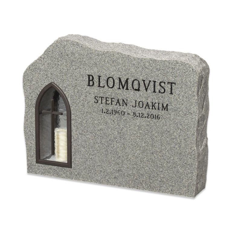 Harmaasta graniitista valmistettu muistomerkki, jossa kaareva kynttiläikkuna ja kaiverrettu nimi ”BLOMOVIST” ja vuosiluvut.