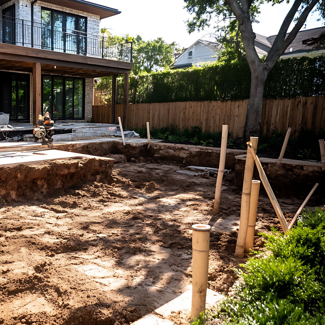 Terrassement d'une future piscine à l'arrière d'un maison.