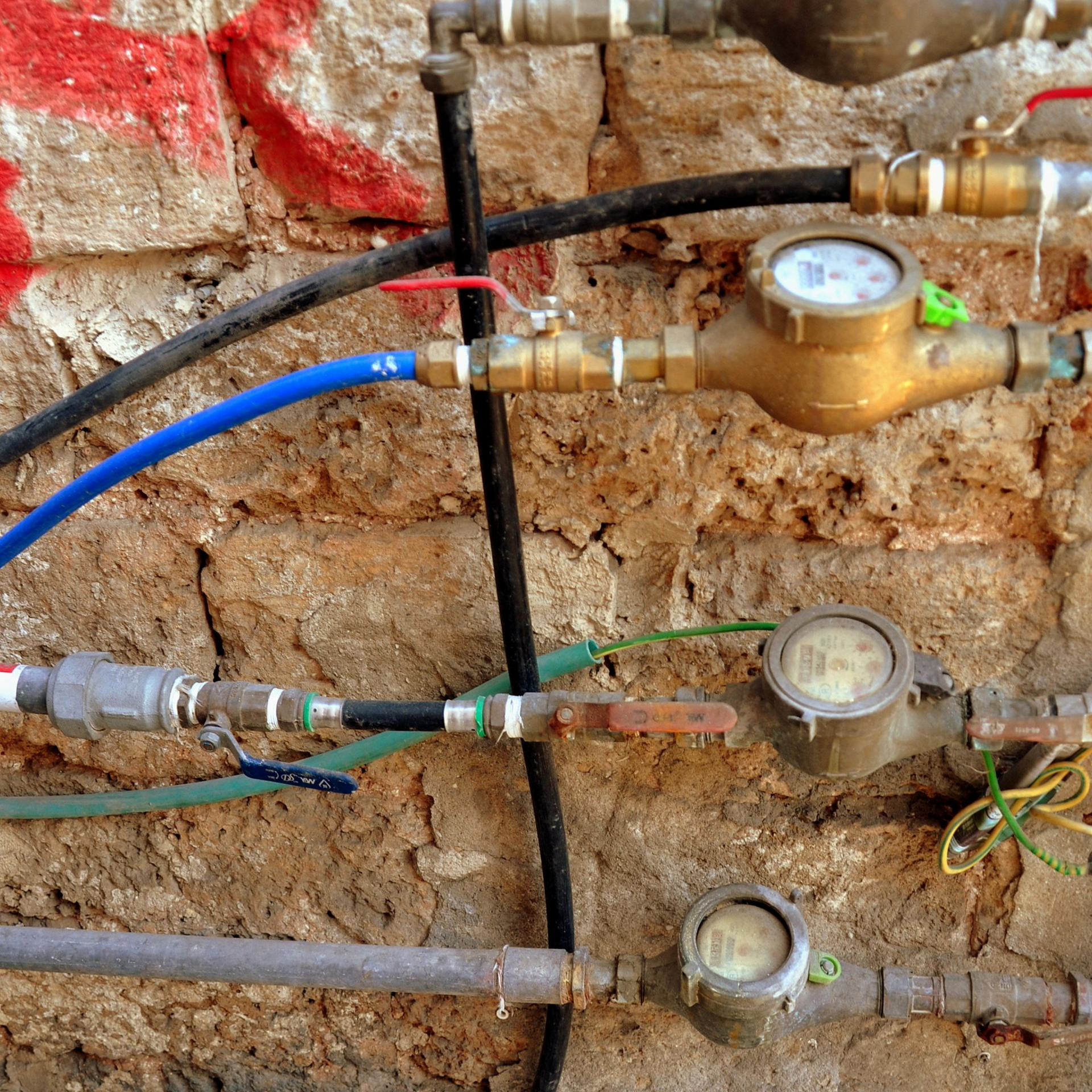 Plusieurs canalisations et compteurs dont celui pour l'eau potable.