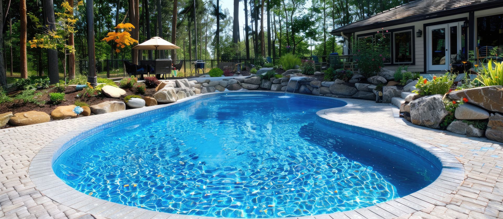 Une piscine bleue entourée d'un patio en pierre, d'un aménagement paysager et d'une maison.