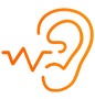 Oreille orange avec appareil auditif et ondes sonores.