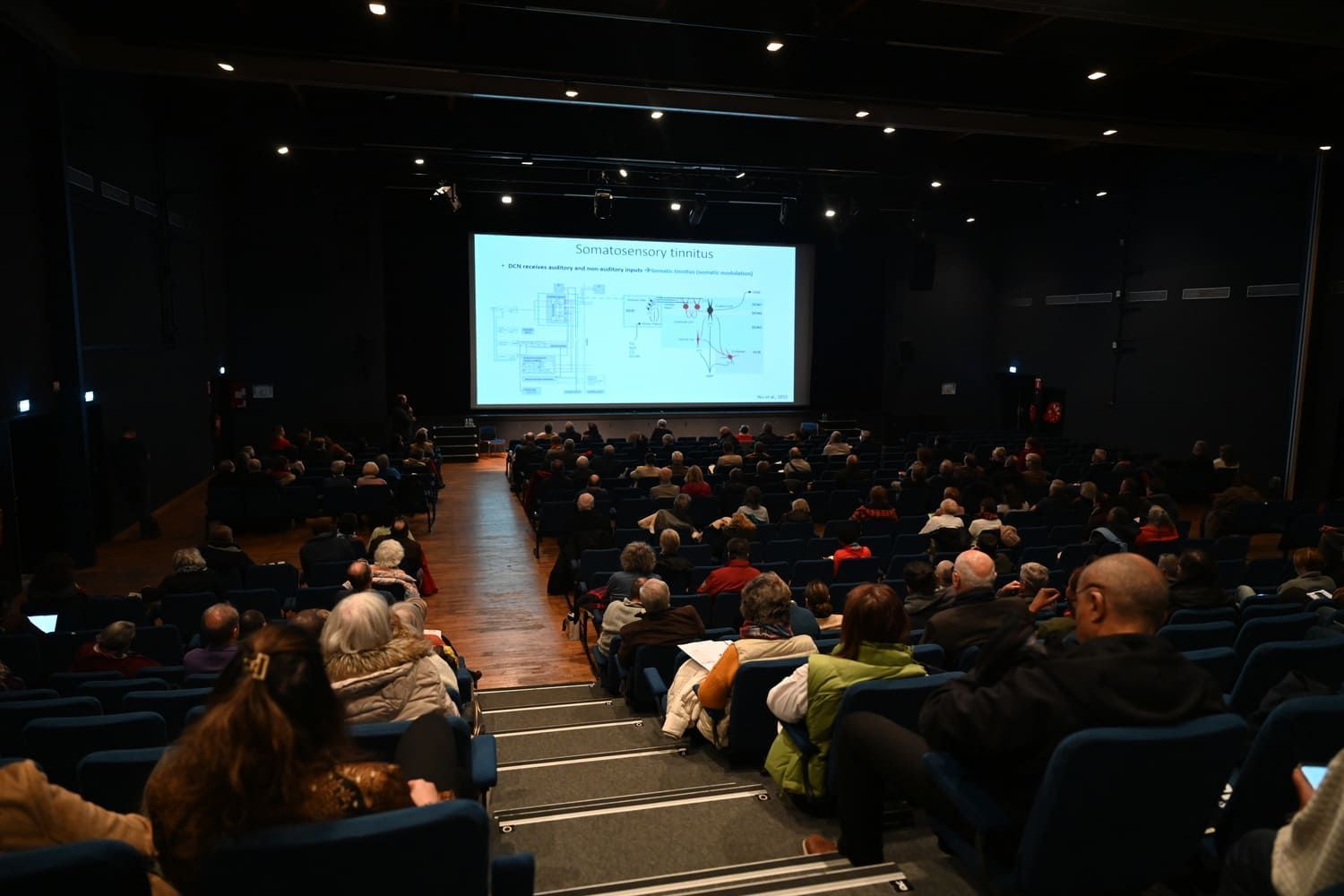 Un public, assis dans un auditorium plongé dans l'obscurité, regarde une présentation sur un écran.