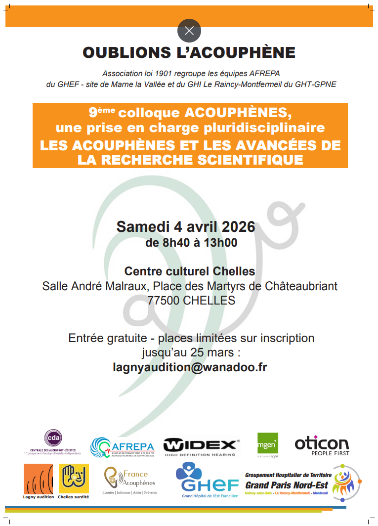 Affiche annonçant une conférence sur les acouphènes, avec texte en français et détails de l'événement.