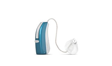 Appareil auditif bleu et blanc avec un embout auriculaire transparent.