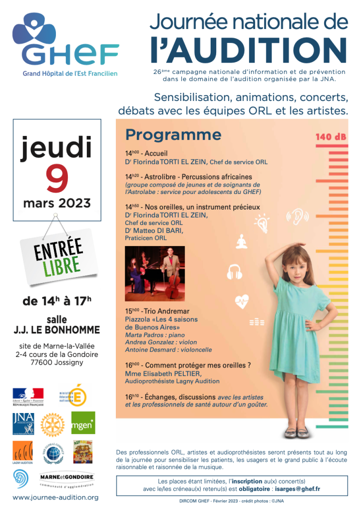 Affiche pour la Journée nationale de l'audition, le 9 mars 2023. Une jeune fille montre son oreille du doigt ; programme des événements affiché.