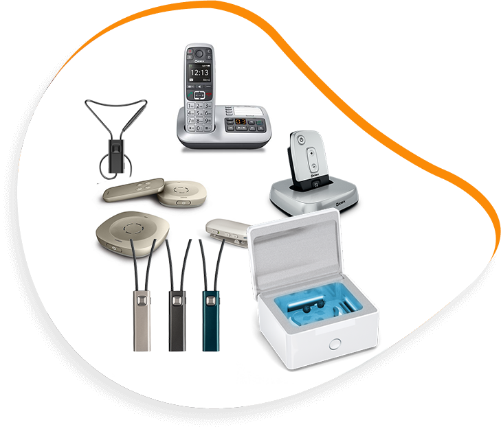 Dispositifs d'aide à l'écoute : boucles magnétiques autour du cou, téléphones amplifiés, récepteurs portables et étui de chargement.