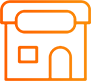 Icône d'un magasin orange, avec un auvent incurvé, une porte et une fenêtre.