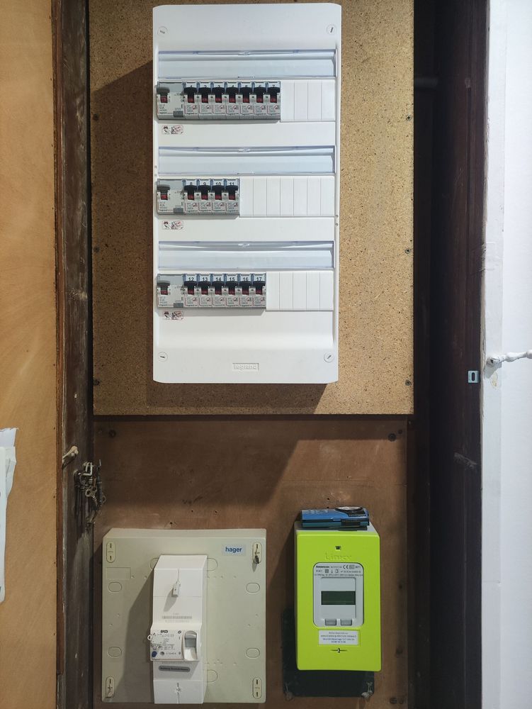Tableaux électriques encastrés dans une niche murale, avec des disjoncteurs blancs en haut et deux compteurs en dessous.