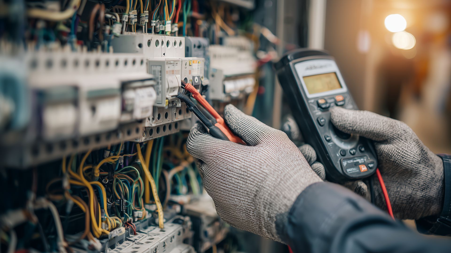 Technicien portant des gants qui teste le câblage électrique d’un tableau de commande à l’aide d’un multimètre.