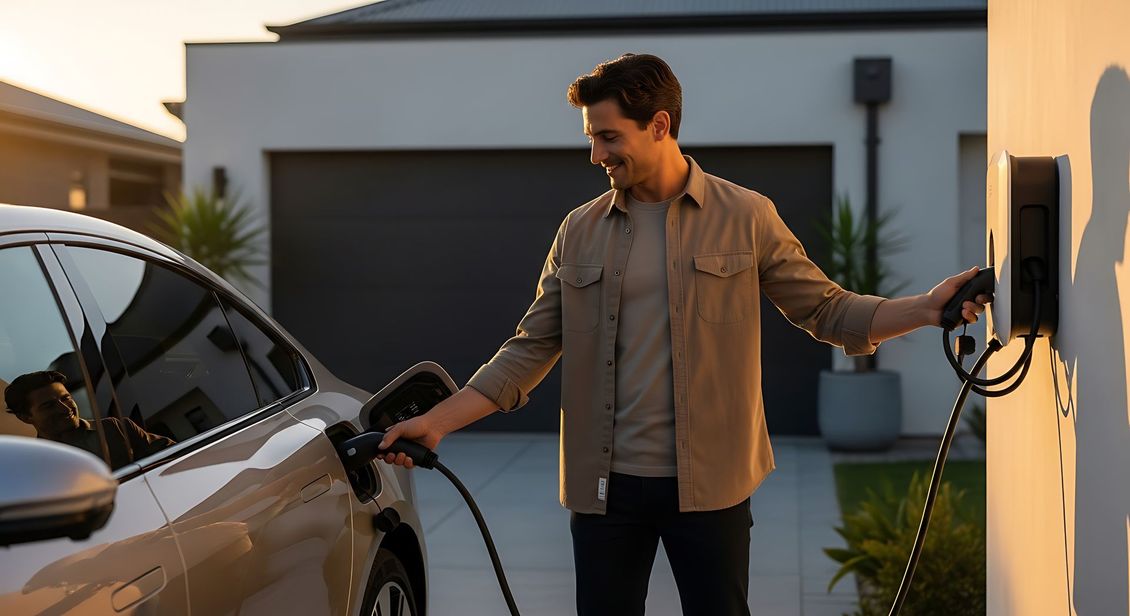 Un homme recharge une voiture électrique dans une allée résidentielle au coucher du soleil.